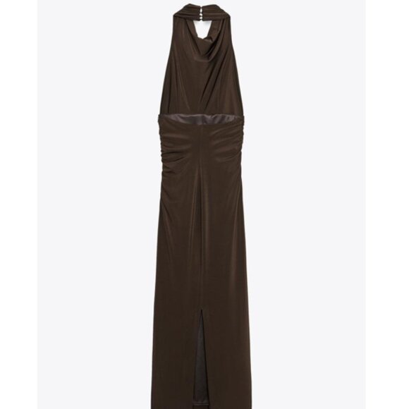 Zara Long Open Back Halter Dress Dark Brown XS - Picture 2 of 8